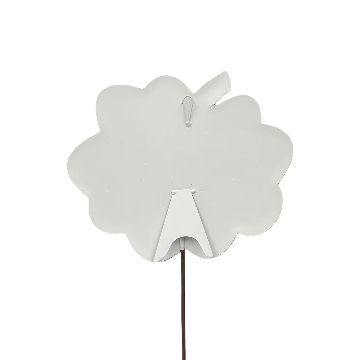 Back view of a 12-inch white metal pumpkin garden stake with an attached easel stand and hanging loop.