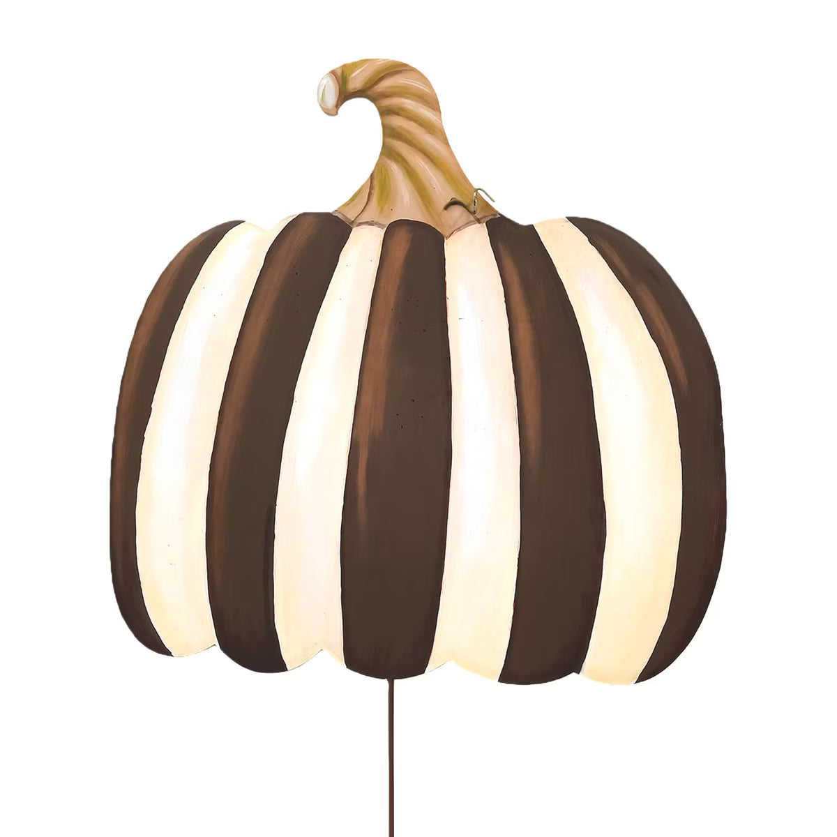 Large decorative pumpkin with brown and cream vertical stripes and a tan stem, designed for fall porch decor.