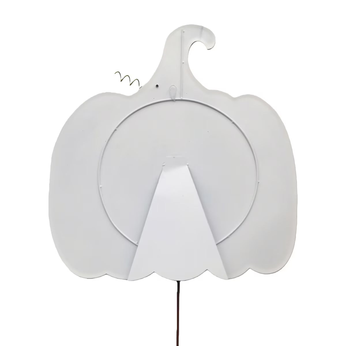 Back view of a large metal pumpkin decor with an easel stand, hanging hook, and stake attachment.