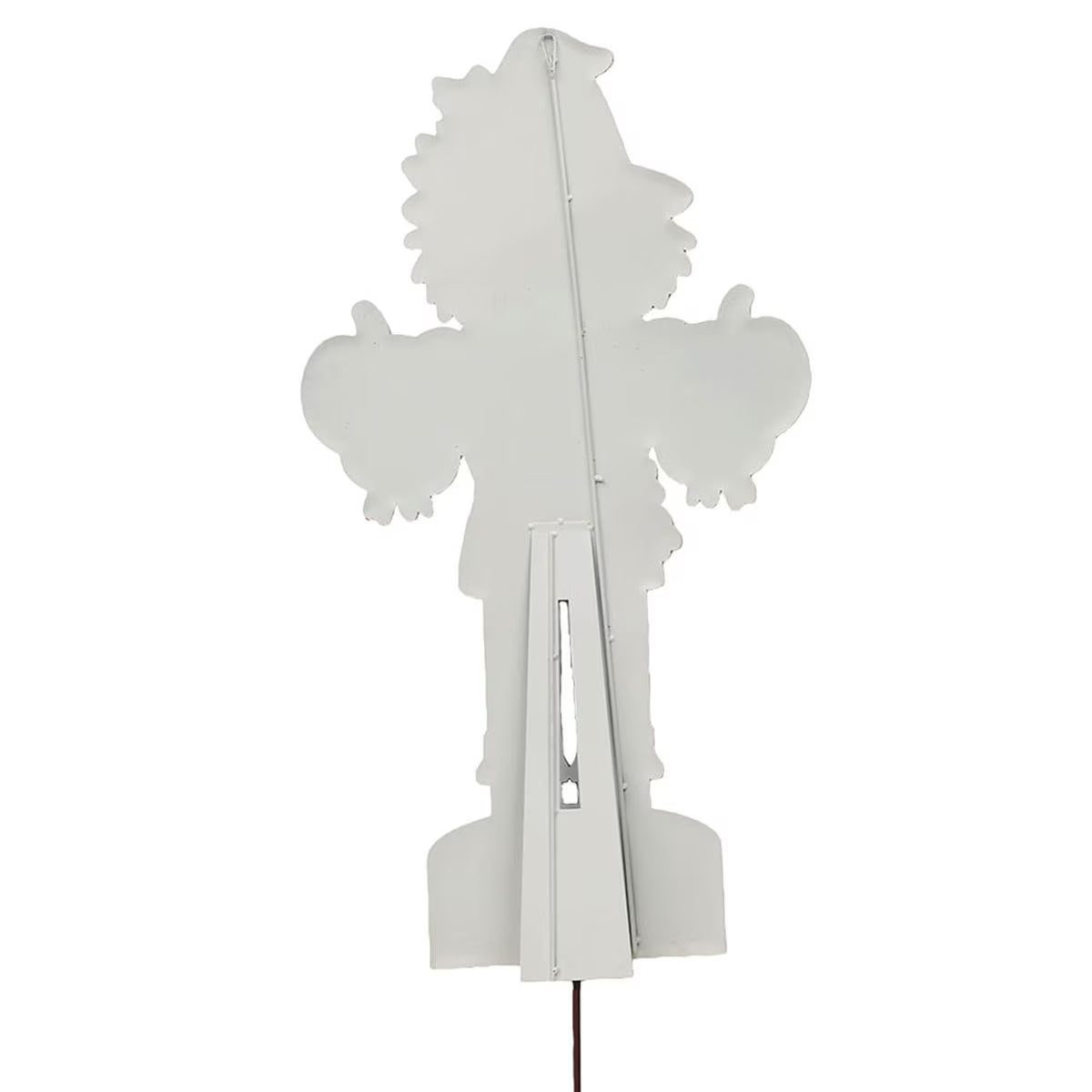 Back view of a 35.5-inch tall metal scarecrow nutcracker featuring a sturdy easel stand and hanging hardware.
