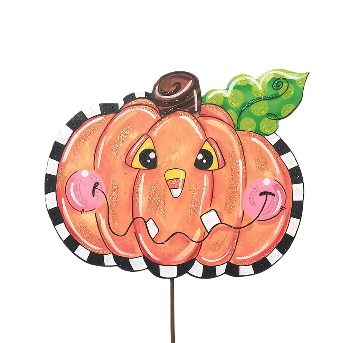 Whimsical 13-inch orange jack-o'-lantern cutout with a black and white striped border, green leaf, and candy corn nose.