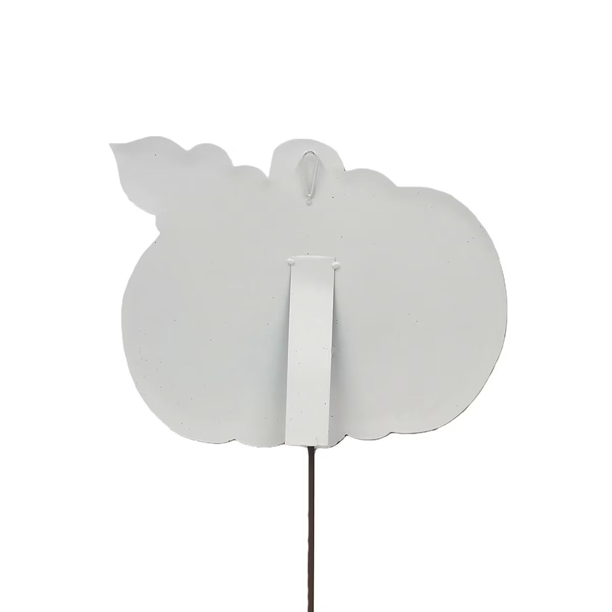 Back view of a 13-inch white metal jack-o'-lantern sign featuring a wall hook, easel stand, and metal ground stake.