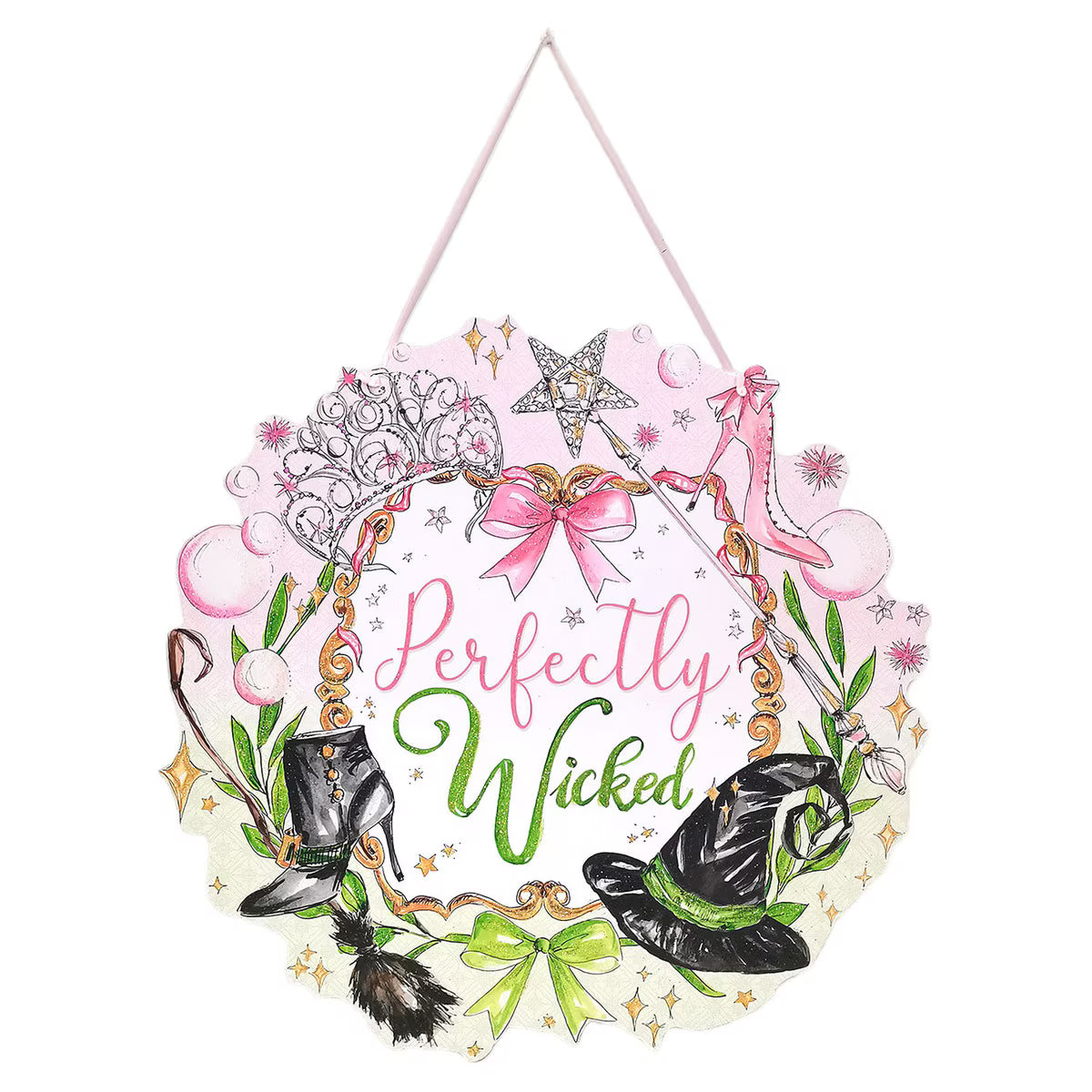 Perfectly Wicked round PVC door hanger with pink, green, and black witch-themed illustrations and hanging loop.