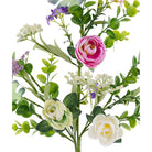 Close-up of textured fabric roses and mixed greenery on a wired stem in the 25-inch floral spray