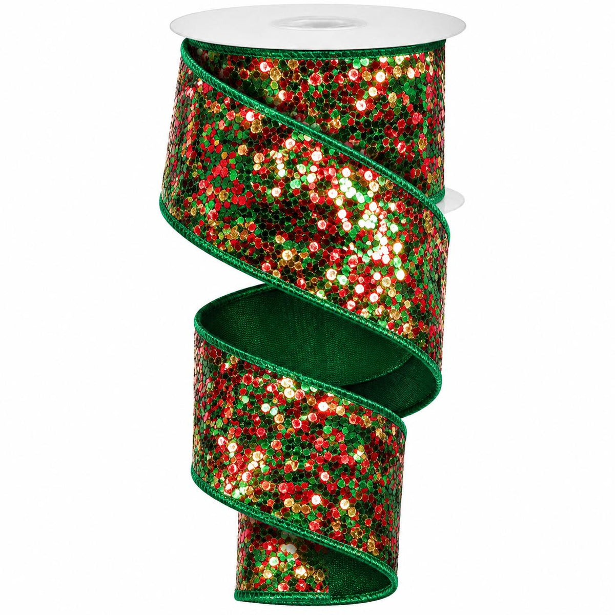 Emerald green and red sequin wired edge ribbon spool
