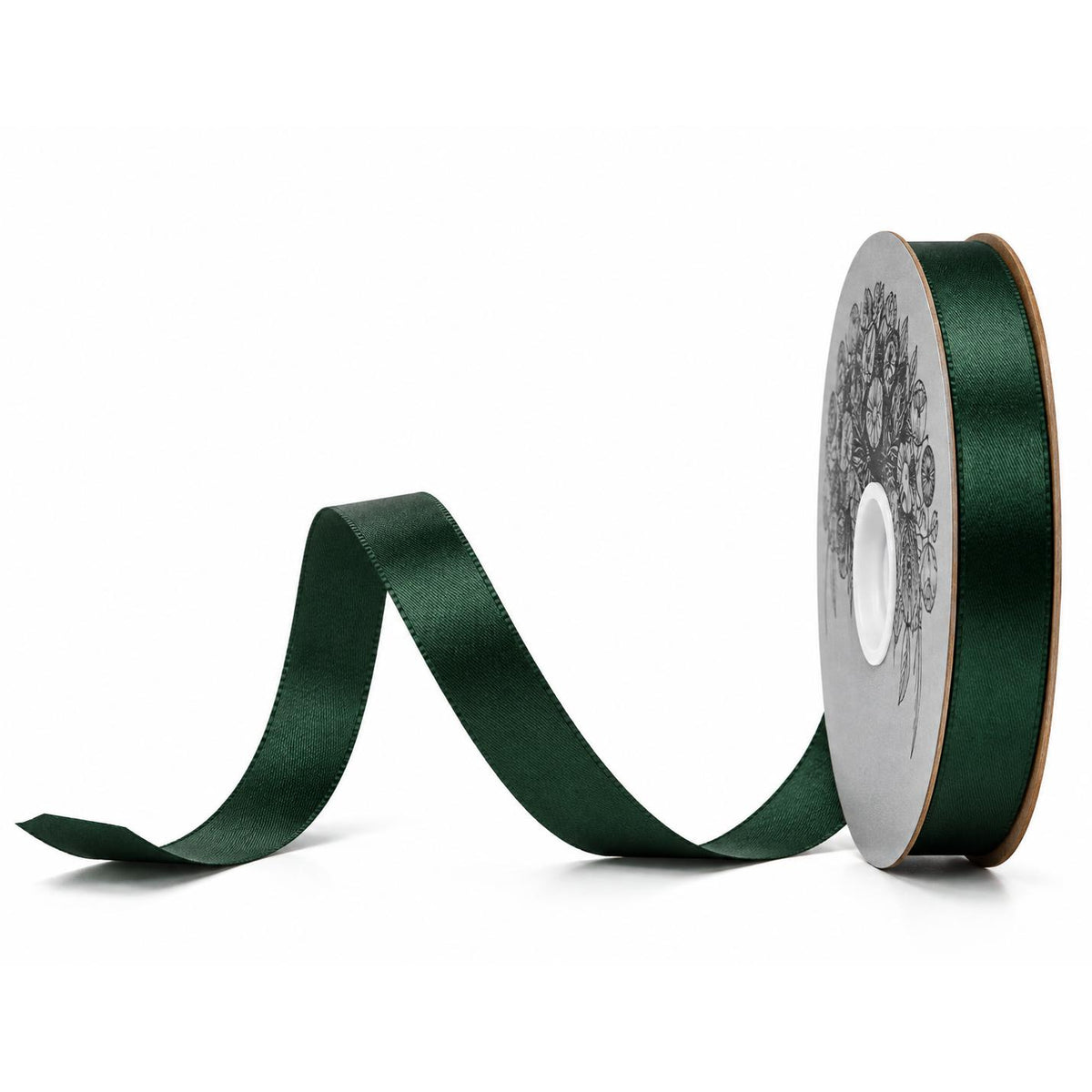 Hunter green satin acetate ribbon spool with glossy finish and fused edges