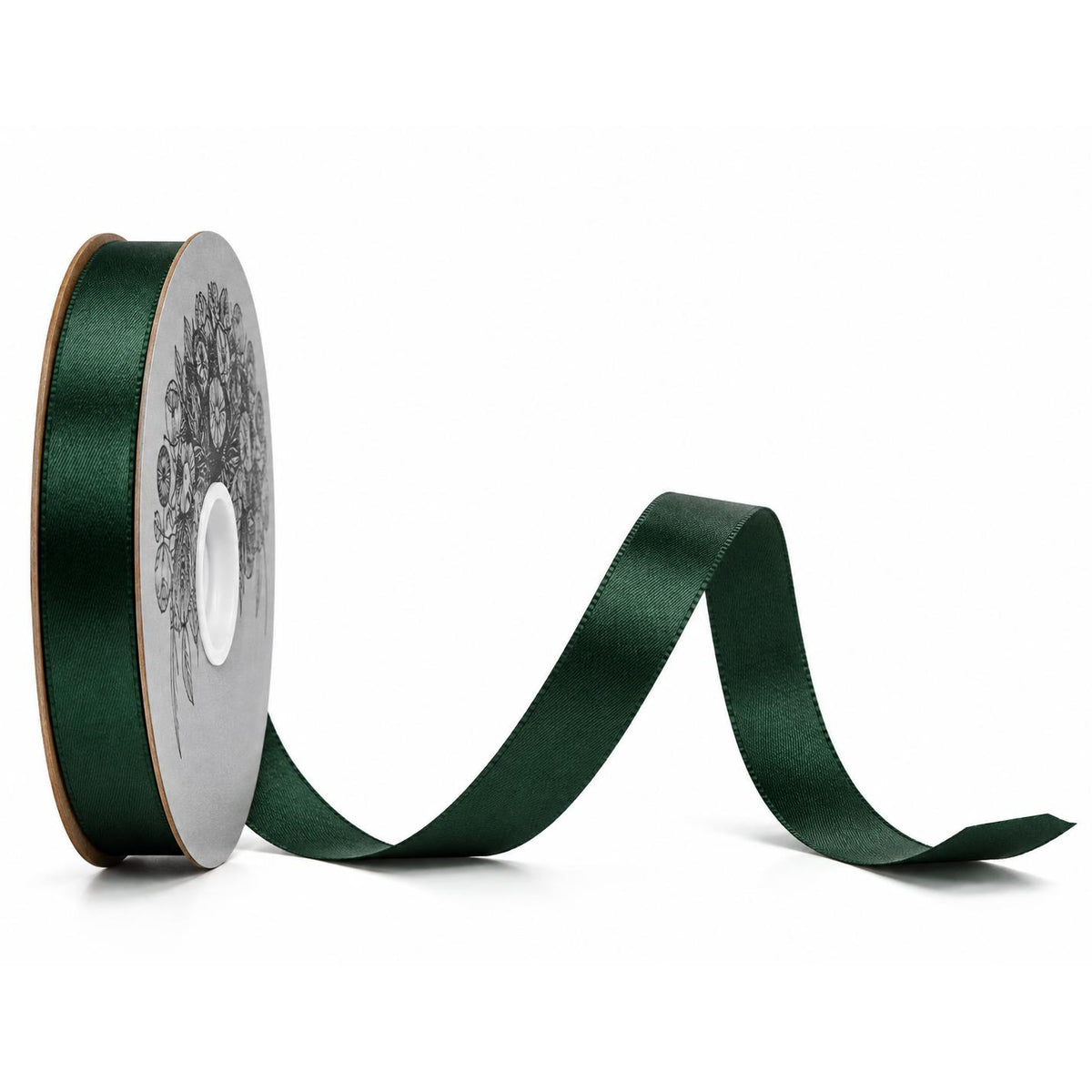 Side view of non-wired hunter green satin ribbon on cardboard core