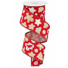 Vertical spool of red fabric ribbon with glittery edges and cookies