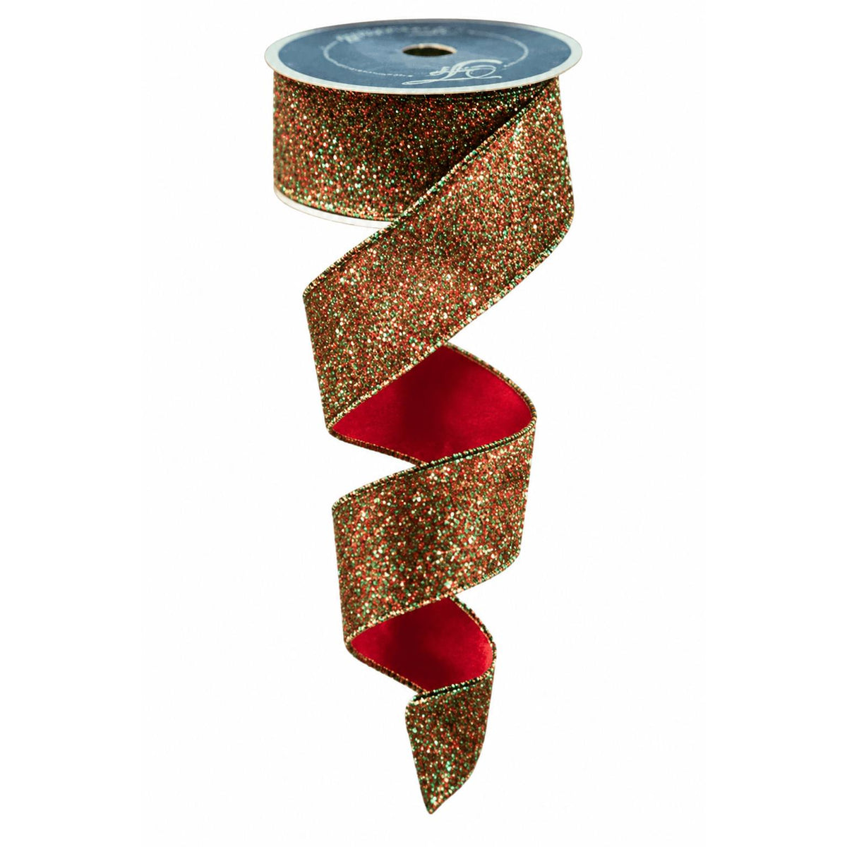 Spool of 1.5 inch ruby emerald diamond dust wired ribbon