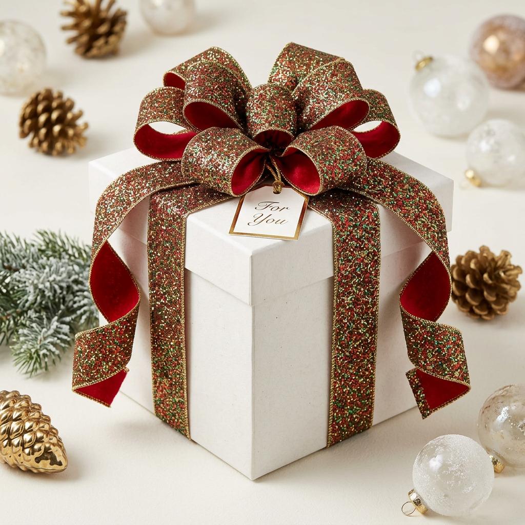 Ruby and emerald diamond dust wired ribbon bow on gift box
