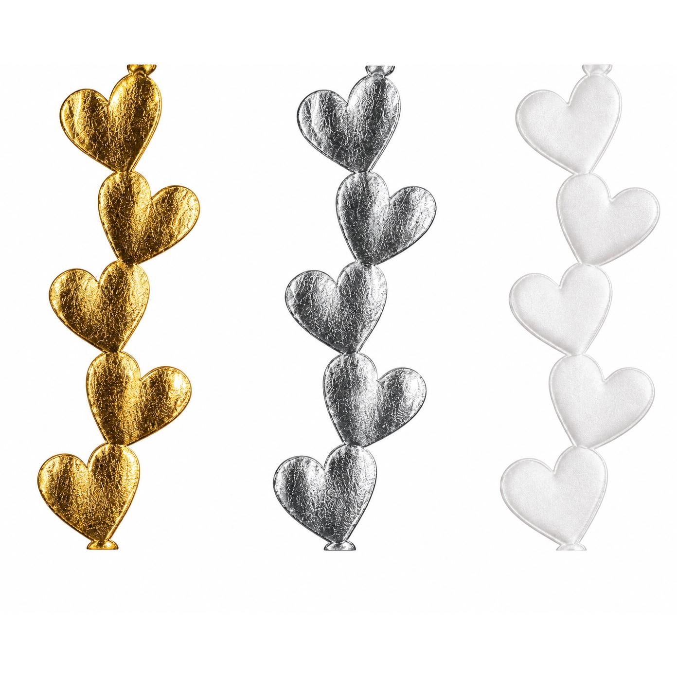 Assorted gold, silver, and white metallic heart garlands side-by-side