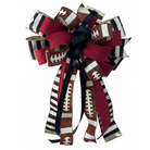 Large red and black football-themed bow with glitter accents, striped ribbon, and long tails for sports decor.