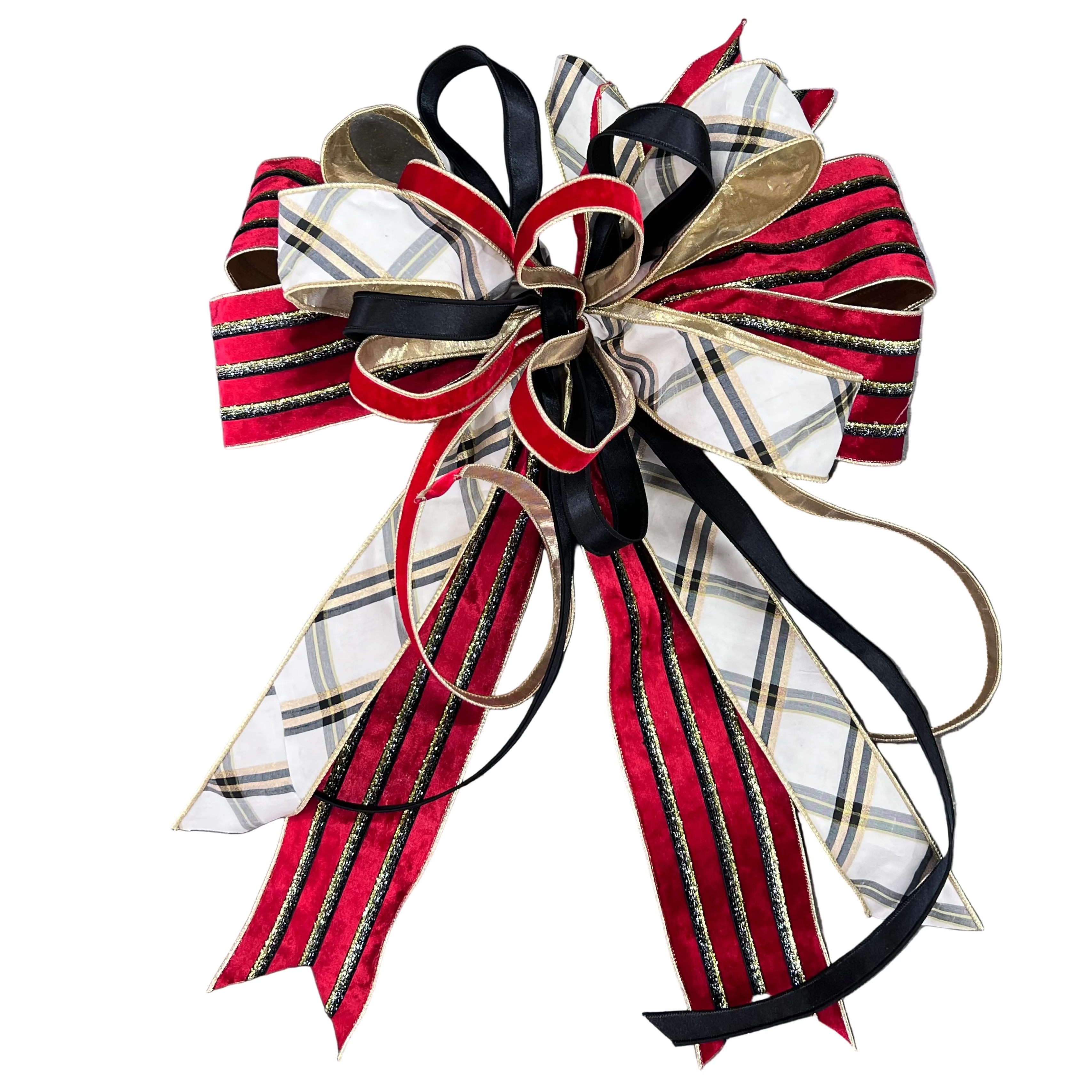 Layered red striped velvet and plaid Christmas decorative bow