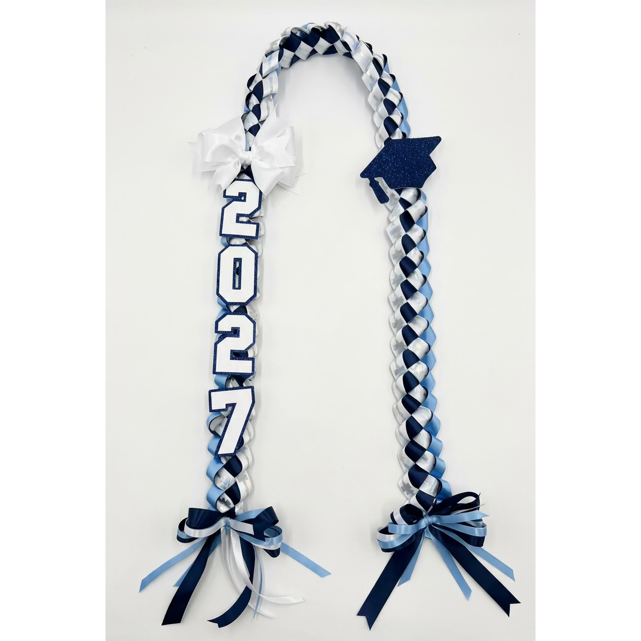 Navy and light blue checkered graduation lei with glitter 2027 numerals