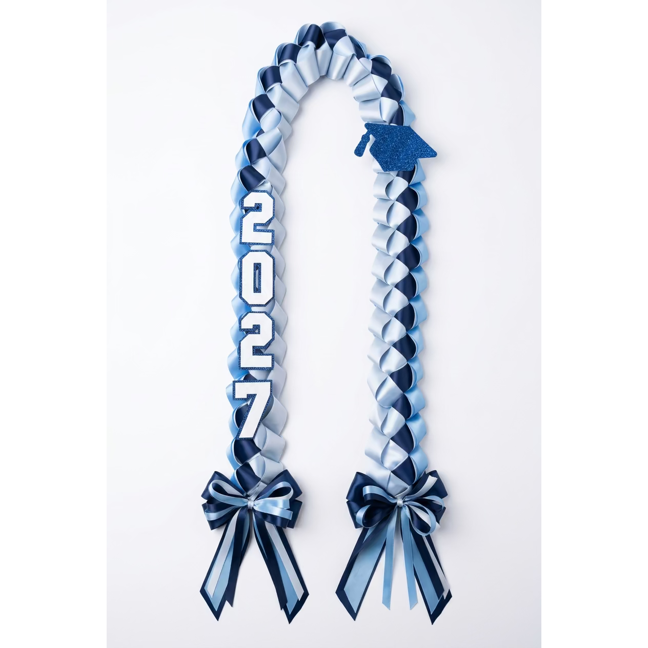 Columbia blue and navy graduation lei with silver diamond dust ribbon and 2027 charm
