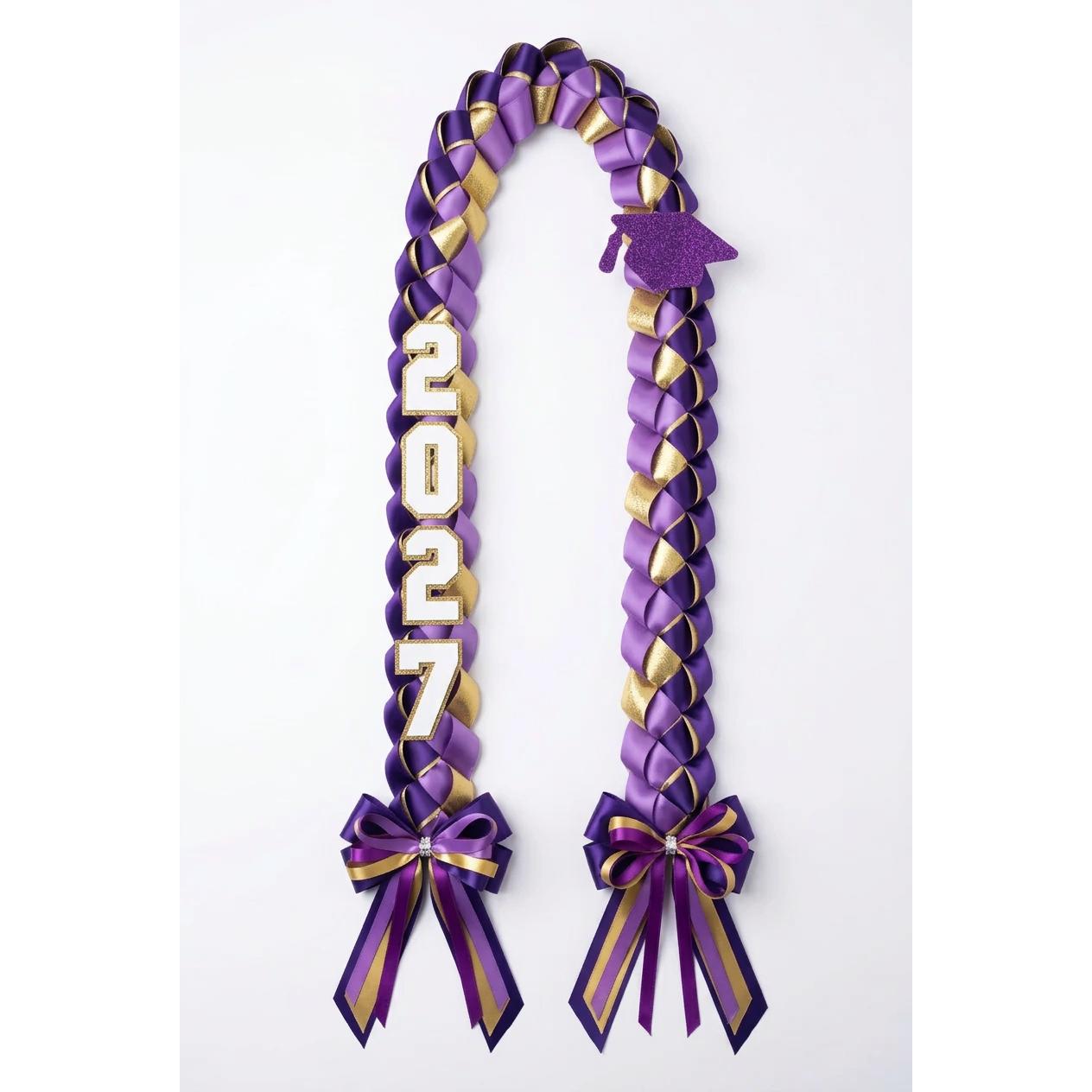 Purple and metallic gold graduation lei with rhinestone bows and 2027 detail