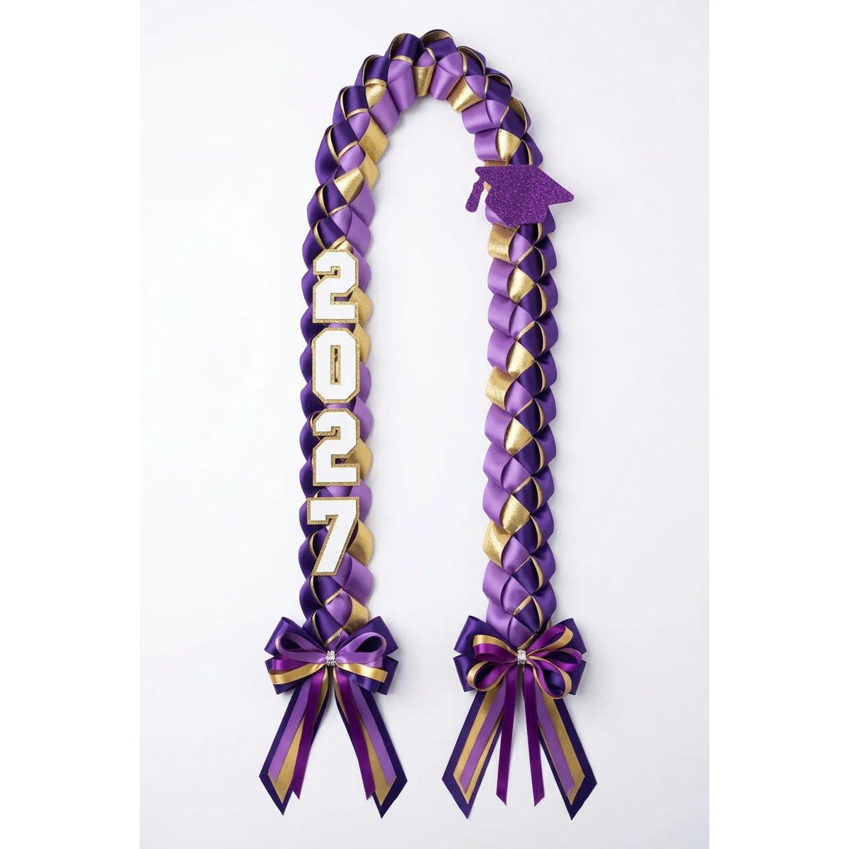 Purple and metallic gold graduation lei with rhinestone bows and 2027 detail