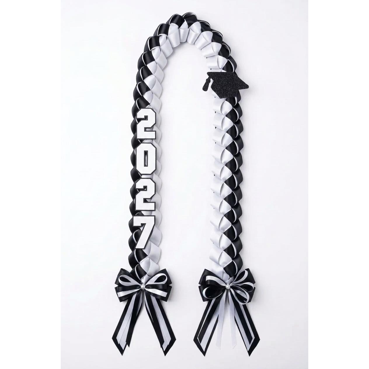 Black and white braided graduation lei with 3D loops and glitter cap charm