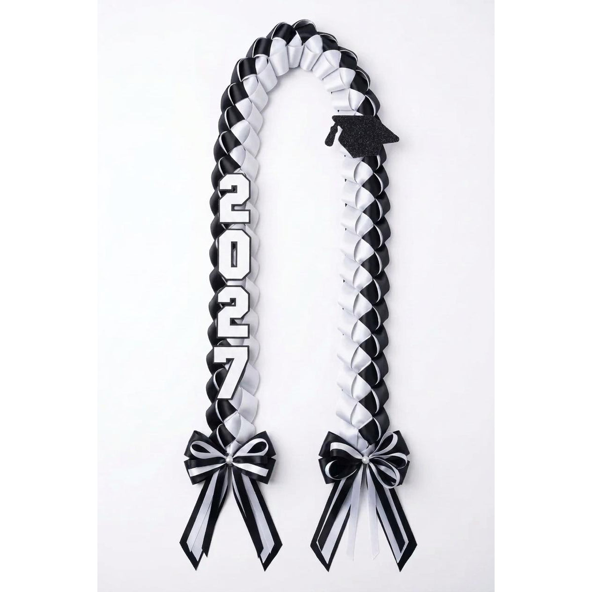 Black and white braided graduation lei with 3D loops and glitter cap charm