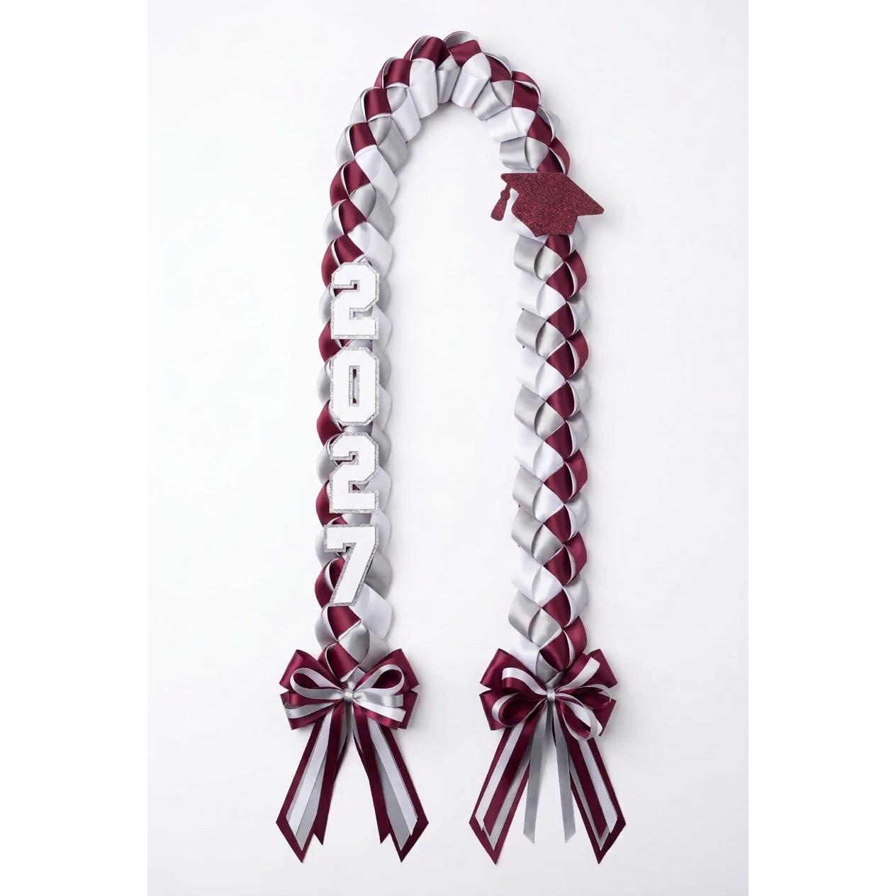 Maroon and silver diamond dust graduation lei with striped bows