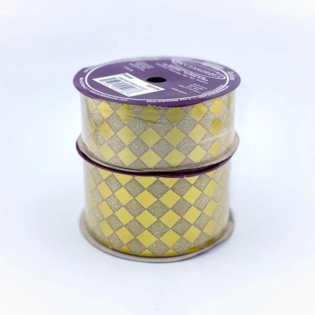 Gold and silver diamond-patterned non-wired ribbon spool, 1.5-inch width, ideal for homecoming mum decorations.