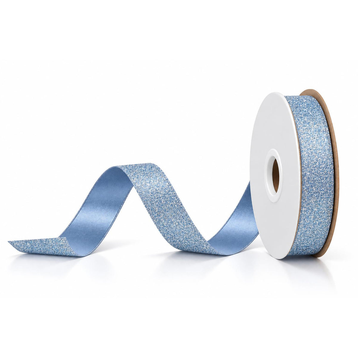 Unspooled light blue diamond dust ribbon displaying wavy shape and shine