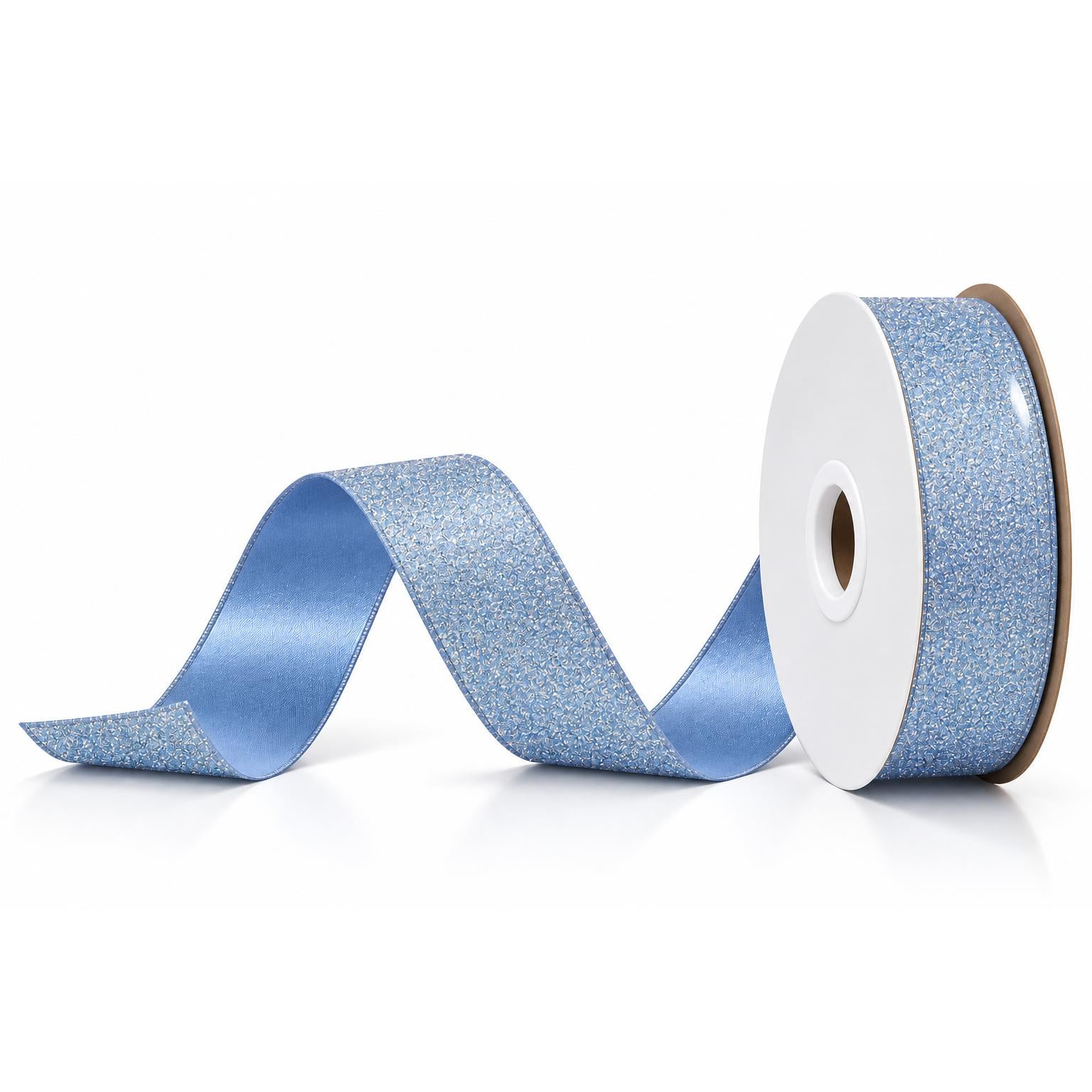 Unspooled light blue diamond dust ribbon revealing shimmering front and satin back