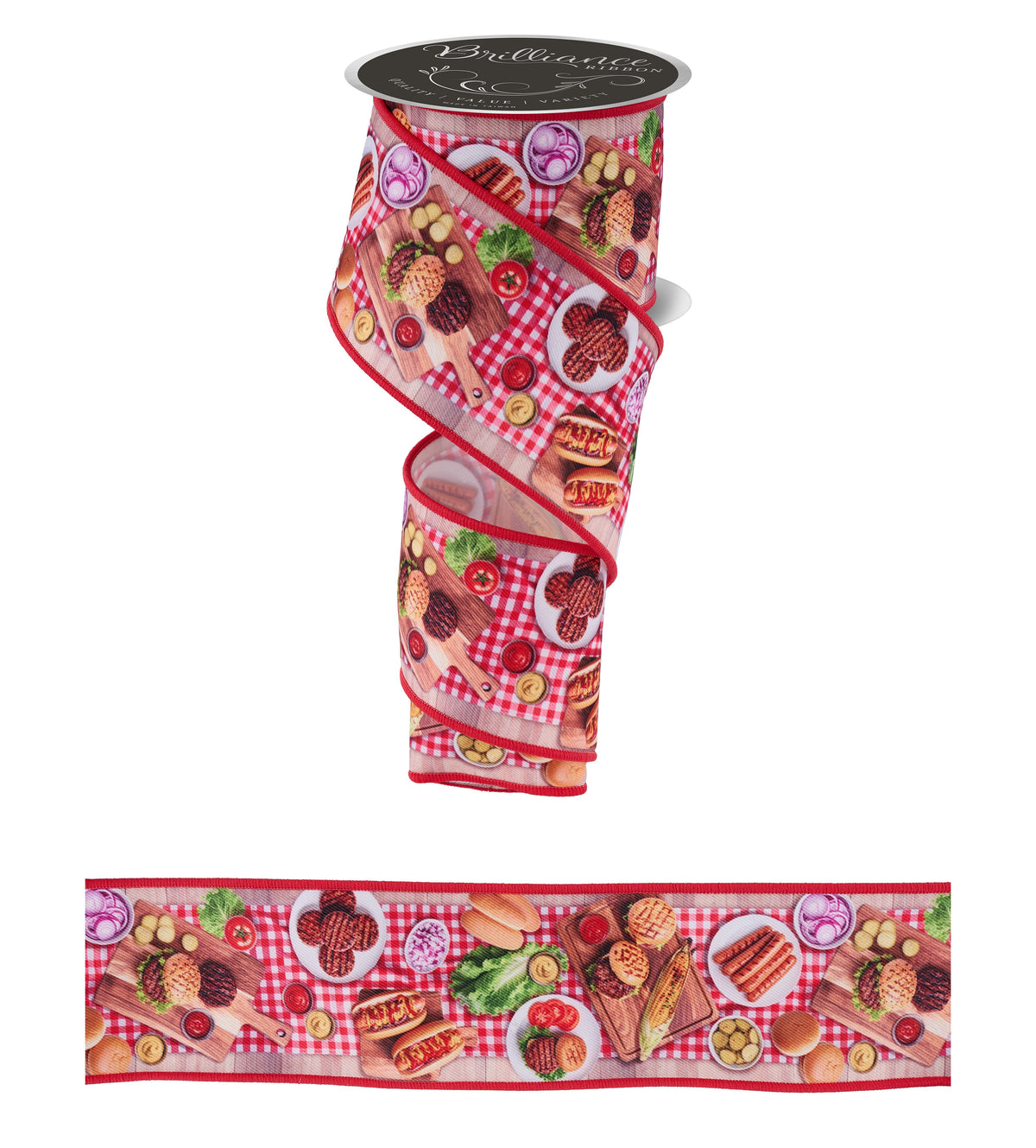 Red wired edge ribbon with BBQ food print for summer parties