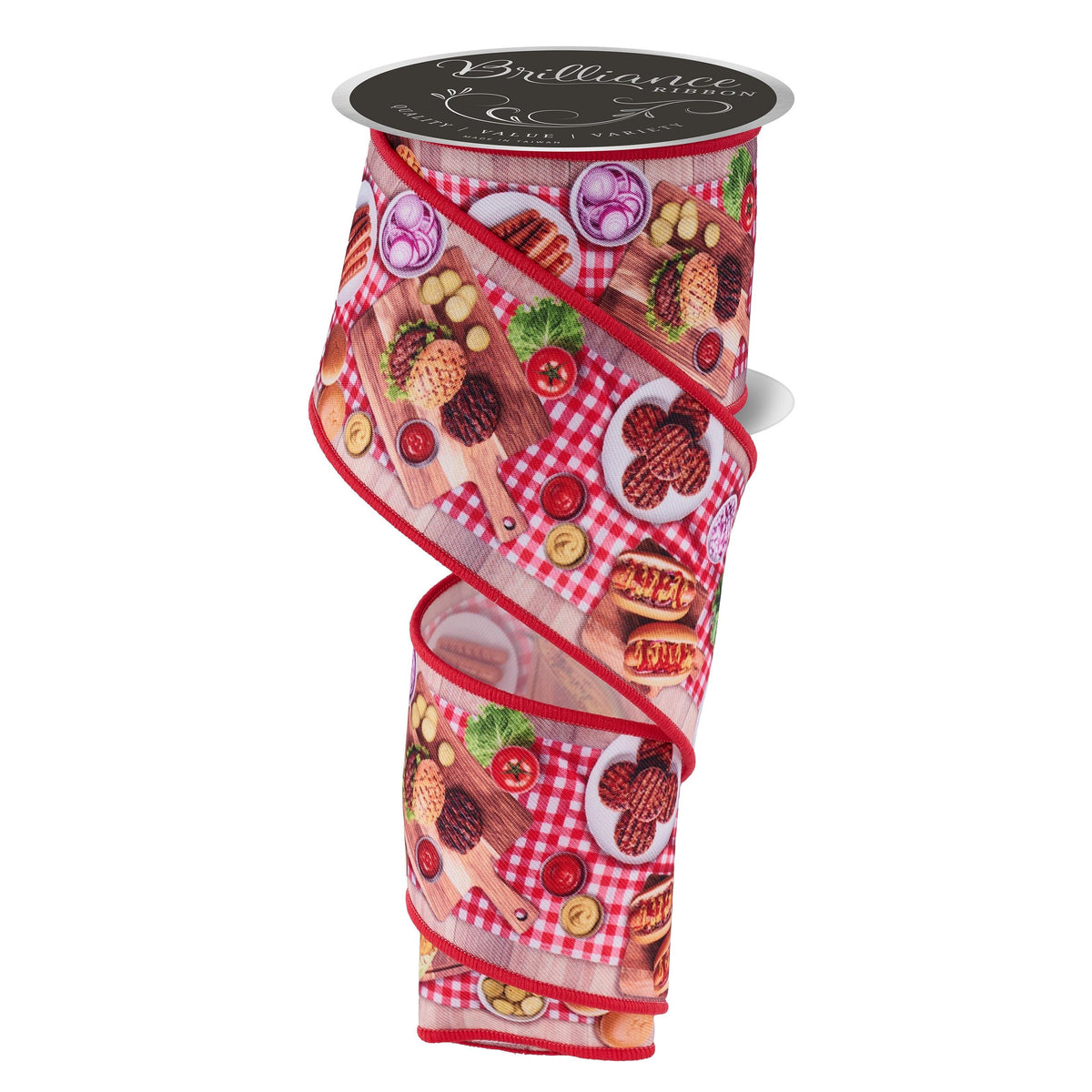 Unspooled red picnic ribbon showing grilled meat pattern