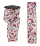 Ivory wired edge ribbon with pink roses and gold scrollwork