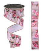 Pink and beige floral wood slat wired edge ribbon with roses