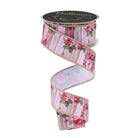 Rustic pink wooden plank and rose pattern wired gift ribbon