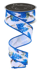 White wired edge ribbon with bluebonnet wildflower print and royal blue border