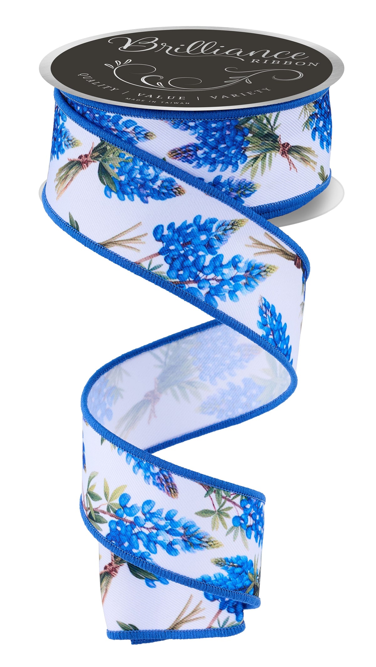 White wired edge ribbon with bluebonnet wildflower print and royal blue border