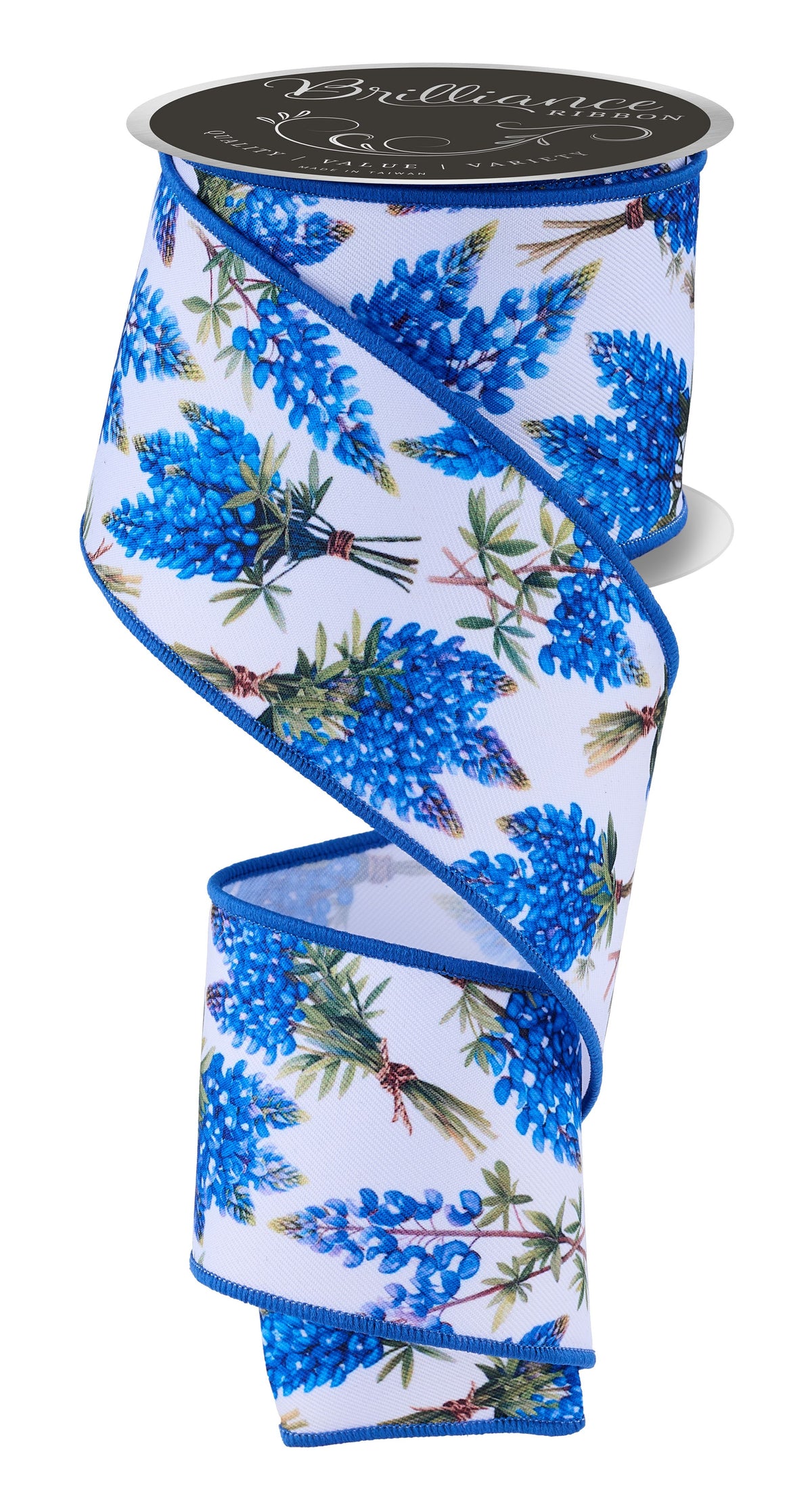 White wired edge ribbon with bluebonnet floral print and royal blue border