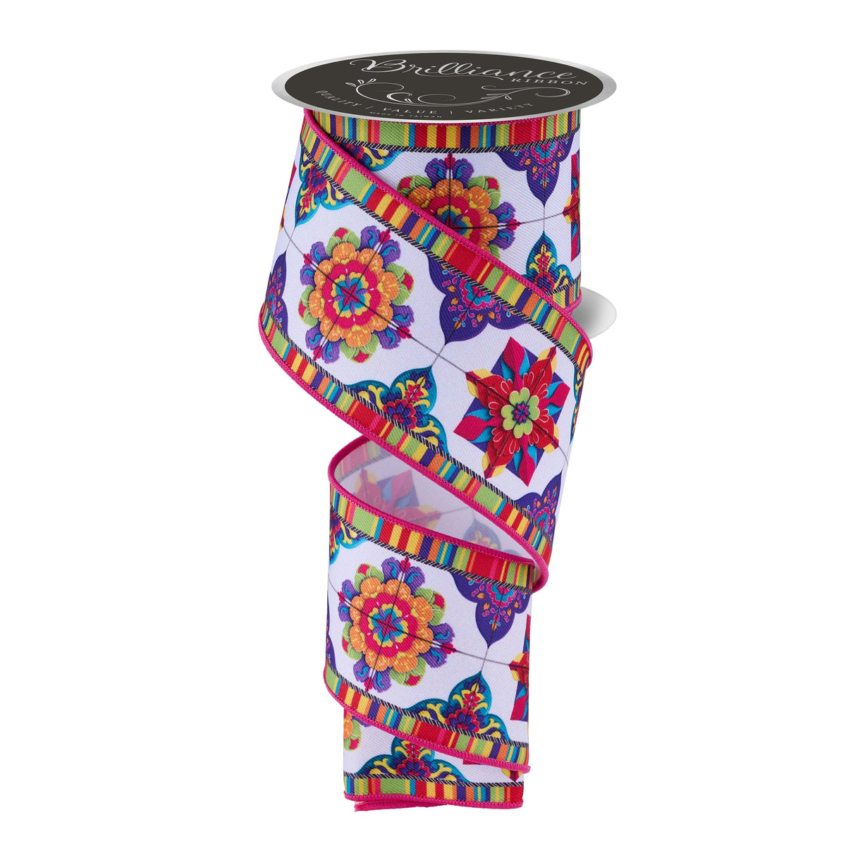 Unspooled Fiesta floral wired ribbon showing colorful tile print