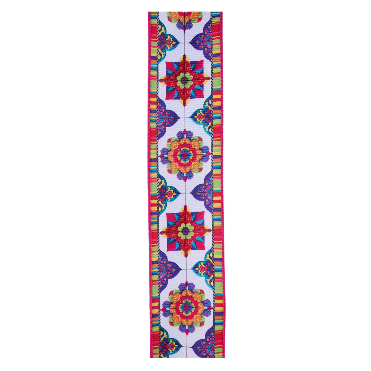 White wired edge ribbon with vibrant Fiesta floral tile pattern