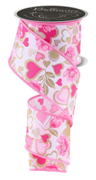 Pink heart and stripe wired edge ribbon spool with gold glitter accents