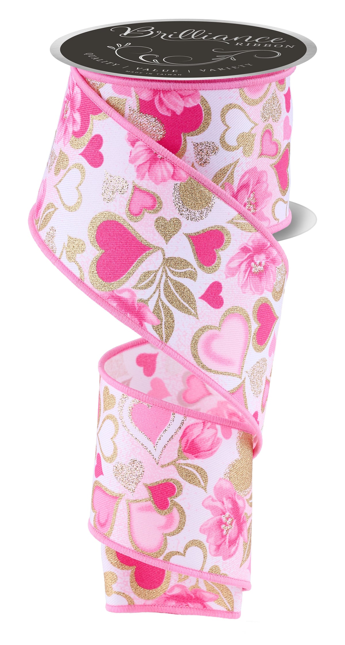 Pink heart and stripe wired edge ribbon spool with gold glitter accents