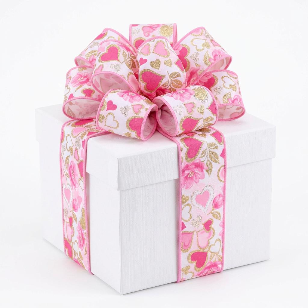 Sculpted pink heart bow on white gift box showcasing wired ribbon shape retention