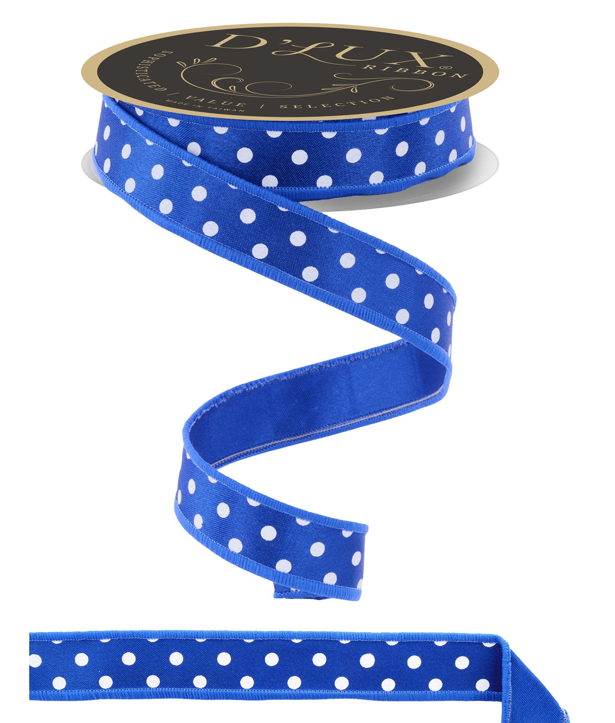 Royal blue polka dot wired edge ribbon spool with white dots and solid reverse side
