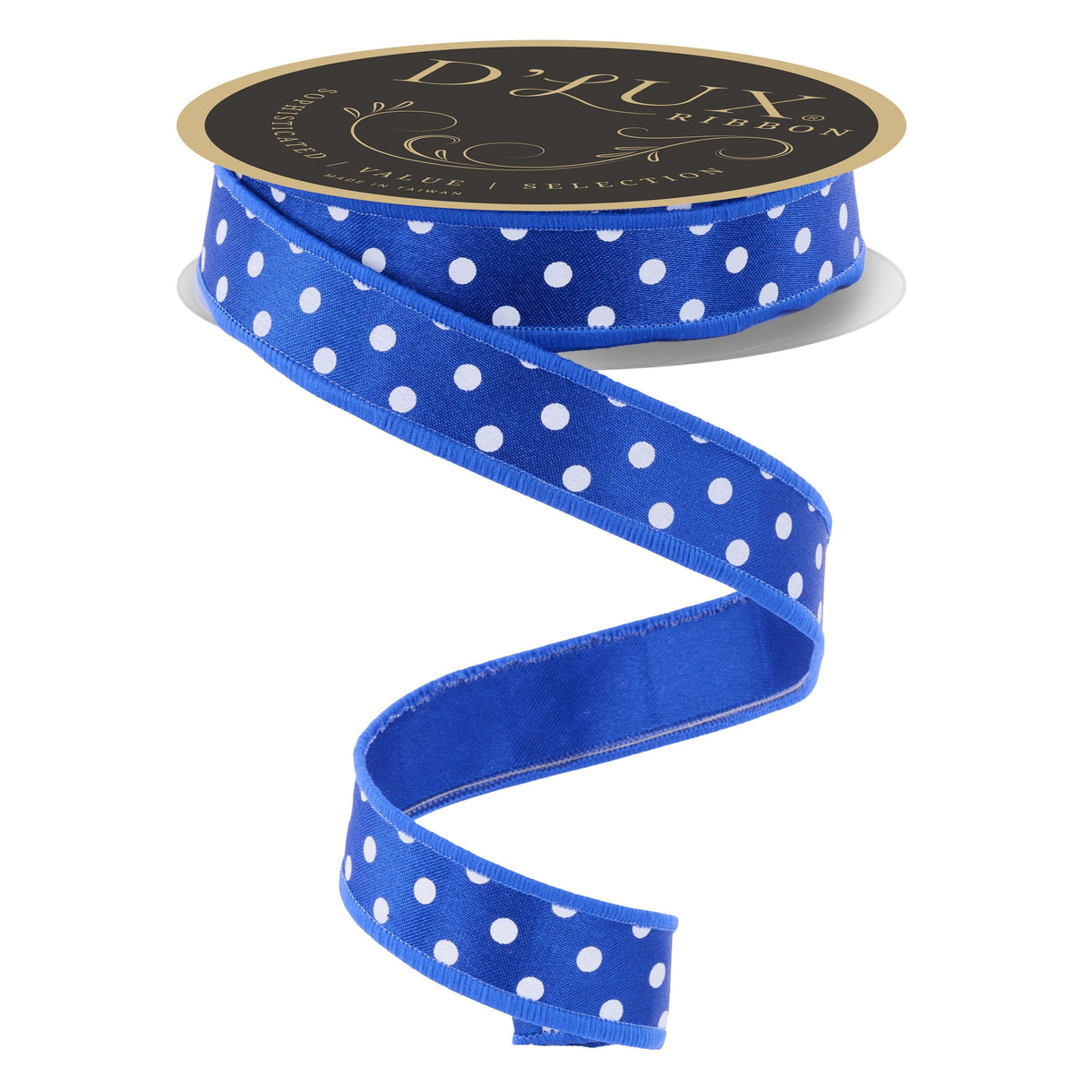 Roll of royal blue polka dot gift ribbon curling to reveal internal wire structure