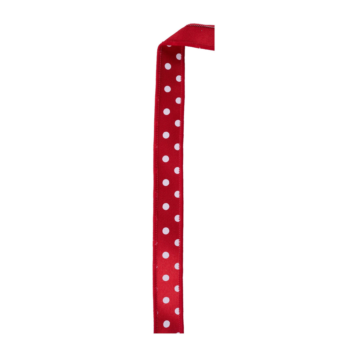 Red wired edge ribbon with small white polka dots and reinforced stitching
