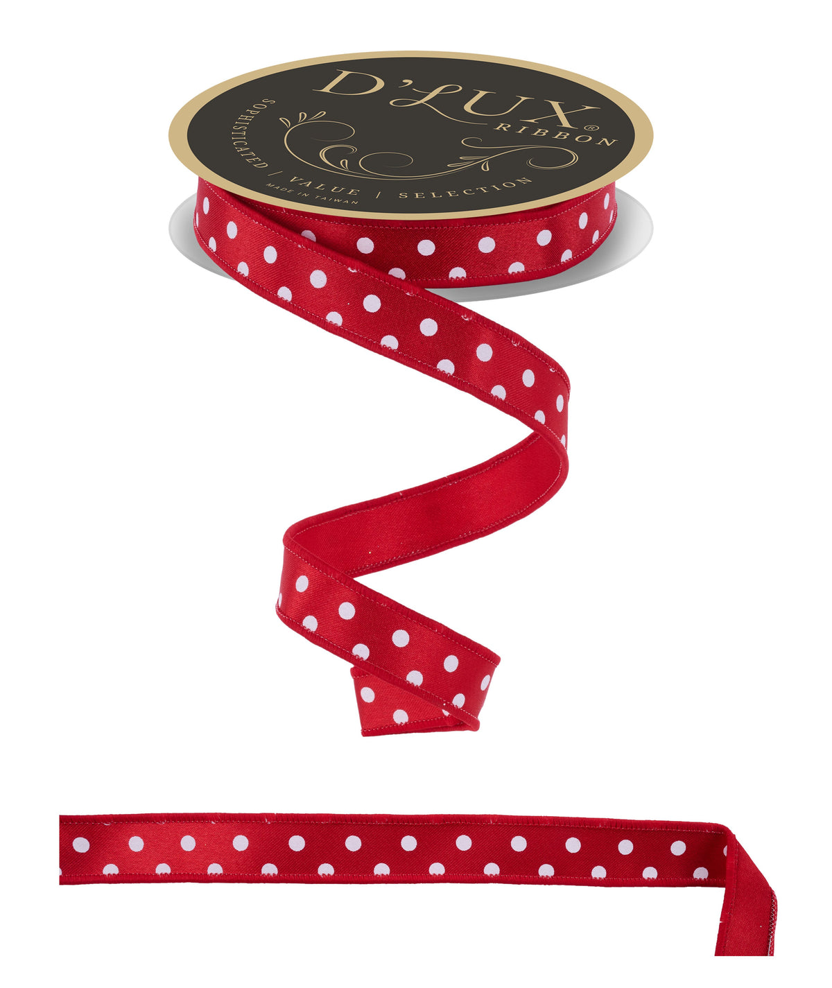 Red polka dot wired edge ribbon spool with D'LUX label