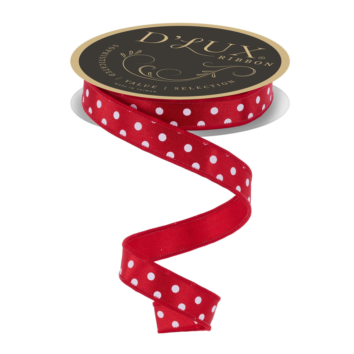 D'LUX red polka dot fused ribbon spool with black label