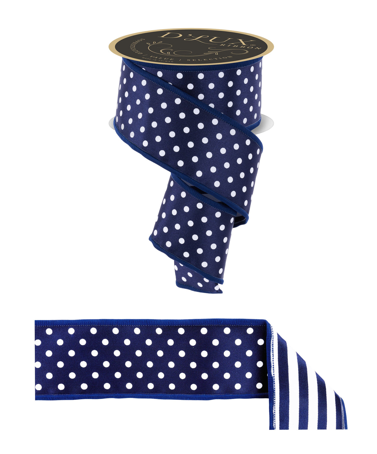 Double-sided navy polka dot and white striped fused ribbon spool showing both sides
