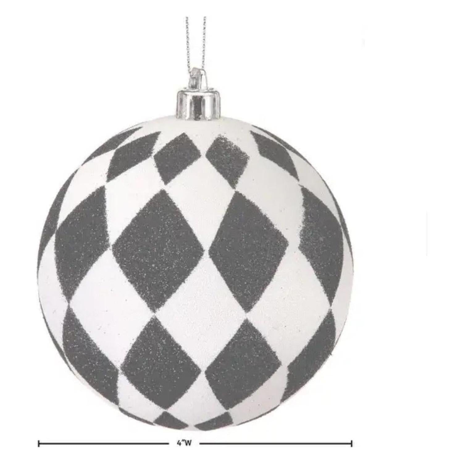 4" Glitter Harlequin Ball Ornaments: Black/White (3 pack)
