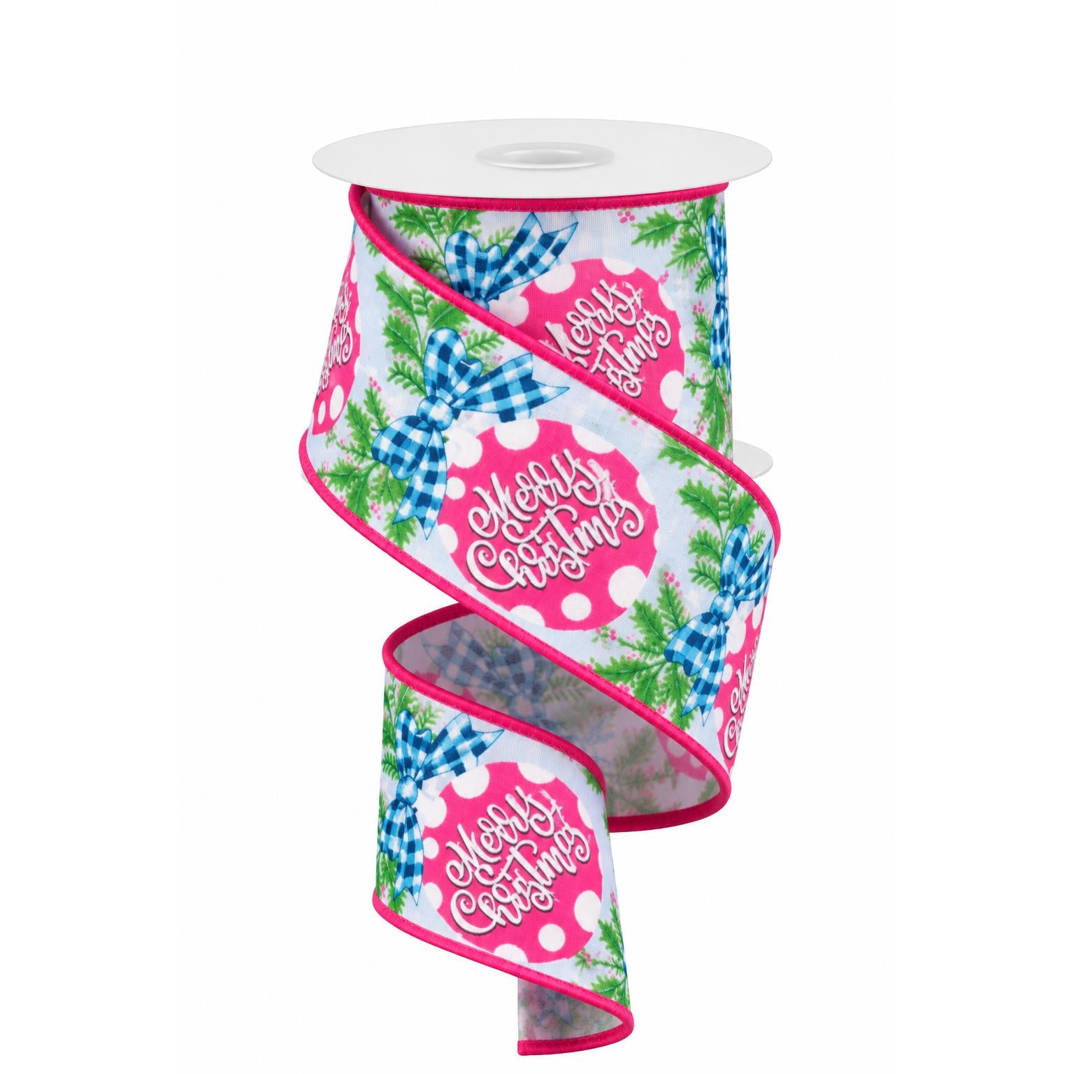 2.5 inch pink blue Merry Christmas wired edge ribbon spool spiral