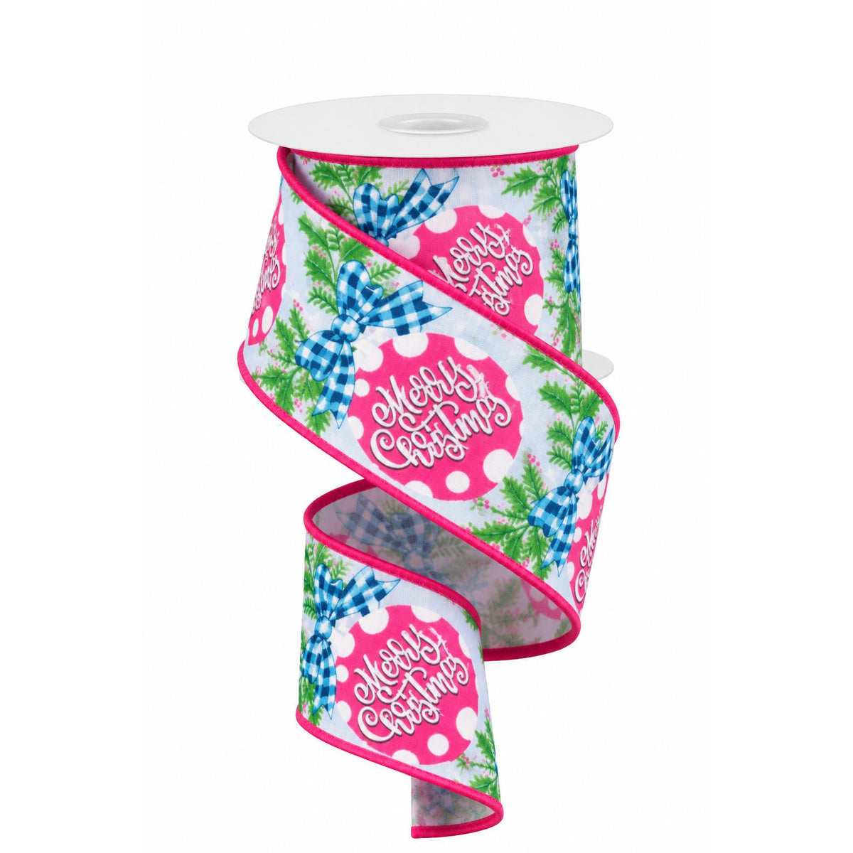 2.5 inch pink blue Merry Christmas wired edge ribbon spool spiral