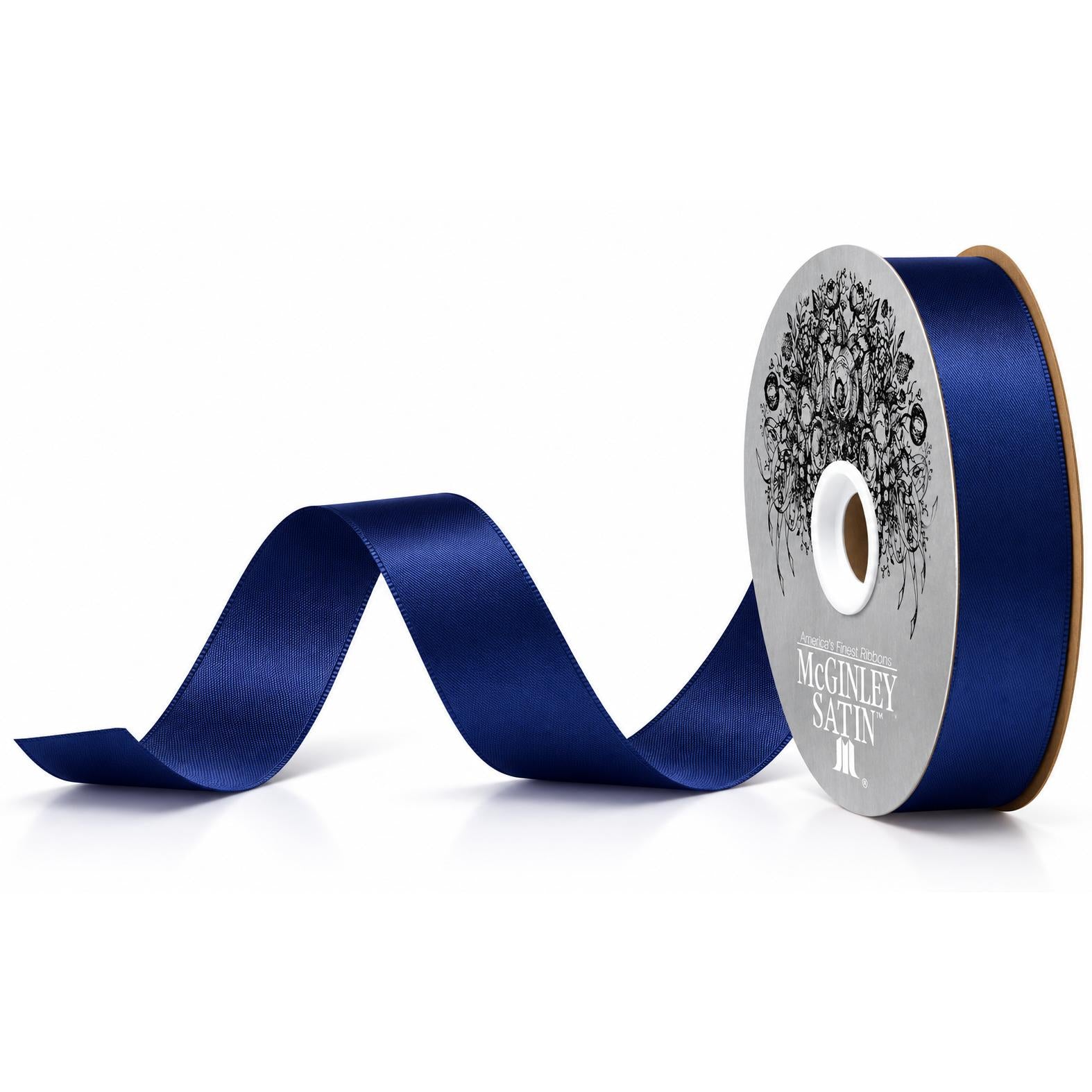 Navy blue #9 satin acetate ribbon spool with silver McGinley label